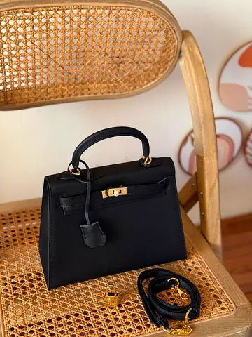 Hermes Black Structured Top Handle Bag with Gold Hardware, Removable Strap