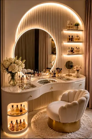 Elegant Curved Vanity Dressing Table with Backlit Mirror and Stool