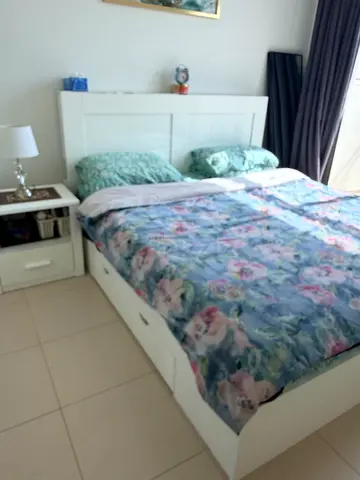 White wooden double bed frame with headboard and storage drawers