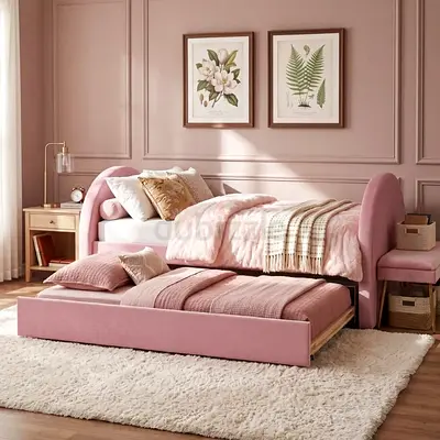 Pink Velvet Daybed with Trundle - Single/Double Convertible