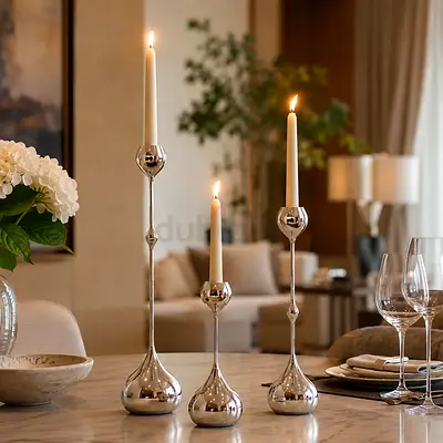 Set of 3 Silver Metal Candle Holders — Modern Table Centerpiece