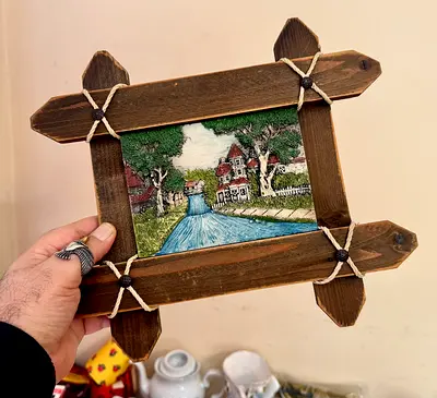 Handmade Rustic Wooden Framed Needlepoint Landscape Art
