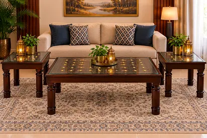 Marina solid wood coffee table with 2 sides tables