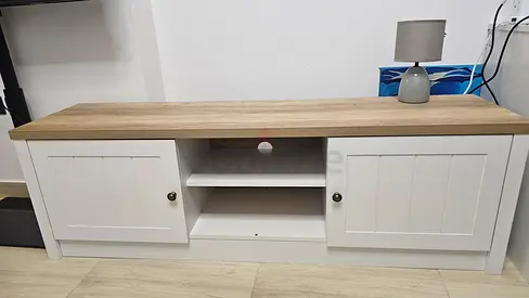 White TV Unit with Oak Top — 2 Doors, Central Shelves up to 65 inch tv