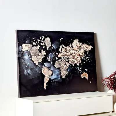3D Textured golden World Map on Canvas (120 x 80 cm