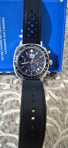 Men's stainless chronograph sport watch with black leather strap