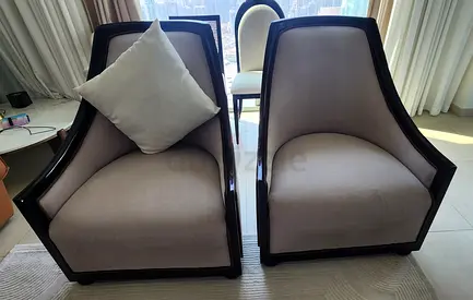 Pair of Modern Grey Upholstered Armchairs with Dark Wood Frame