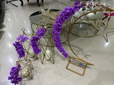 Set of decorative purple artificial wisteria stems with gold stands Ramadan decoration