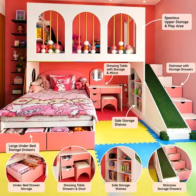 Custom Kids Bed with Play Area, Storage & Dressing Table