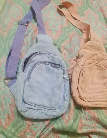 Pair of small corduroy crossbody sling bags - pastel blue and peach new