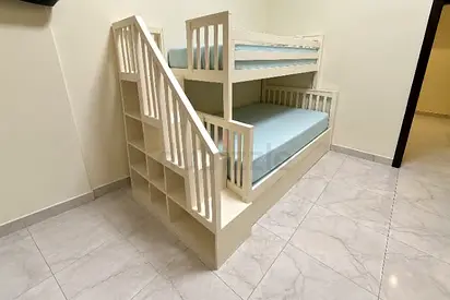 White/Cream wooden bunk bed with built-in stairs and storage - excellent condition. With mattresses