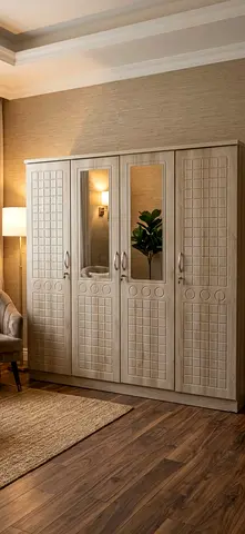 Light Wood 4-Door Wardrobe with Mirror — brand new