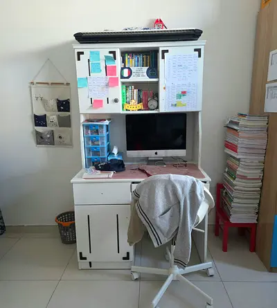 White wooden study desk with hutch and storage - good condition