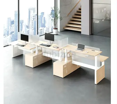Modern 6-Seat Office Workstation Desk with Under-Desk Storage - Light Wood