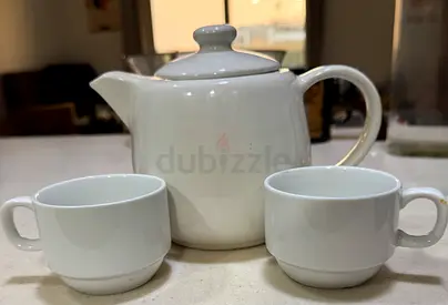 White Ceramic Teapot with Two Cups - Good Condition