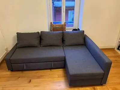 Right-hand corner grey fabric L-shaped sofa bed with storage (3-seater)
