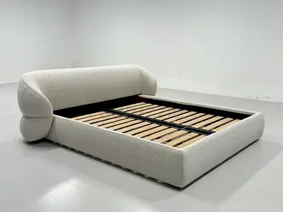 Modern Beige Upholstered King Bed Frame with Curved Headboard