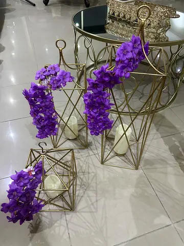 Set of 3 Decorative Gold Metal Candle Lanterns with Purple Faux Flowers