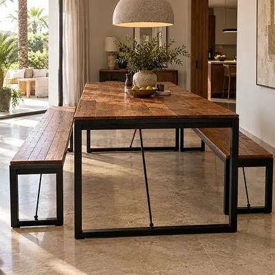 Wooden dinning table with 2 benches