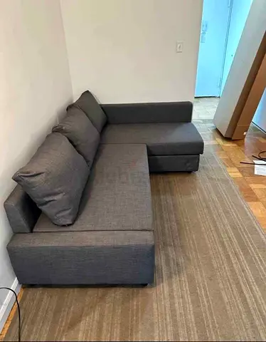 L-shaped grey fabric sofa - compact chaise lounge (good condition)