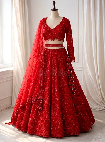 Red Indian lehenga with glass beads embroidery with accessories