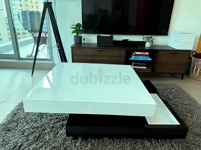 Modern 90×90cm Glass Coffee Table with Sliding Top & Storage