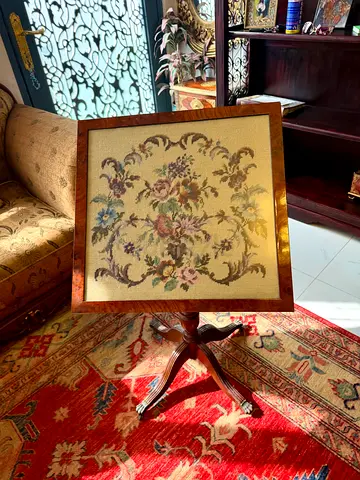Vintage Needlepoint Accent Tilt-Top Side Table with Floral Inlay