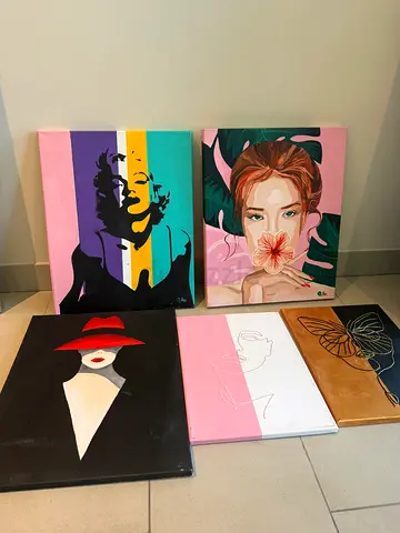 Free. Set of 5 Contemporary original Canvas Art Paintings — Mixed Abstract & Portrait , toys