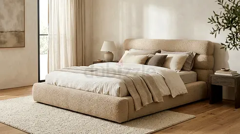 Comfortable Upholstered Bed – Thick Cushioned Headboard – Soft Beige Fabric
