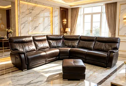 Large Brown Leather Corner Recliner Sofa with Ottoman - Good Condition