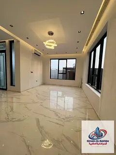Modern 2nd tenant villa in Al Tarfa, 2 floors, 5 master BR, majlis, 2 halls, yard, garden, 4-car gar