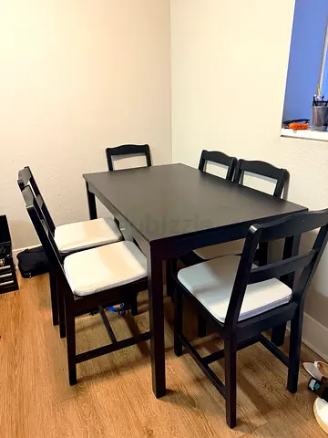 Dark Wood 4 Seater IKEA Dining Table Set with Cushioned Seats