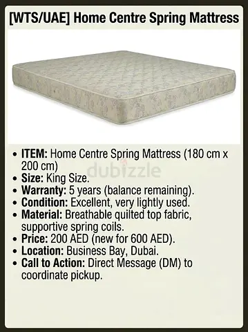 Home Centre King Size Spring Mattress (180x200 cm) - Lightly Used bought last year for 700