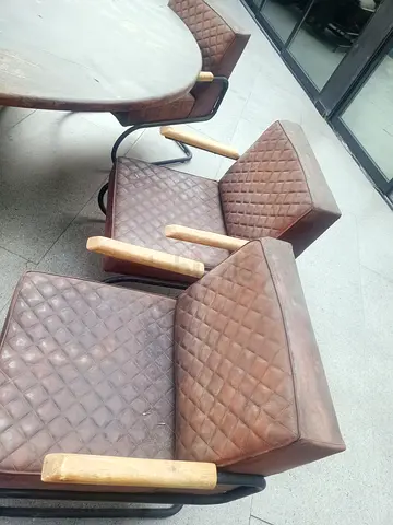 Set of 2 Vintage Leather Dining Chairs with Wooden Armrests