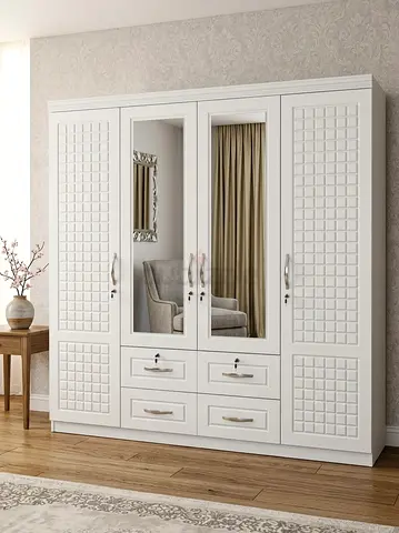 White 4-Door Wardrobe with Mirrors and Drawers - Excellent