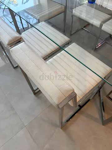 Glass Dining Table with 6 White Upholstered Bench and Chairs - Modern Set