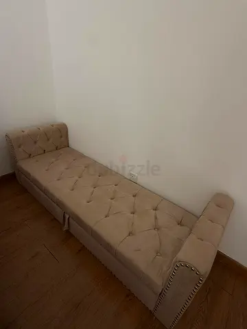 Beige Velvet Tufted Bench / Daybed with Studded Arms