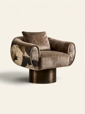 Modern Velvet Swivel Armchair with Floral Side Panels