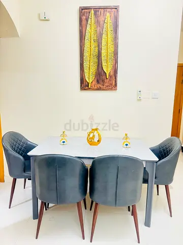 Modern Glass Top with Marble Texture Dining Table with 5 upholstered Chairs - Excellent Condition