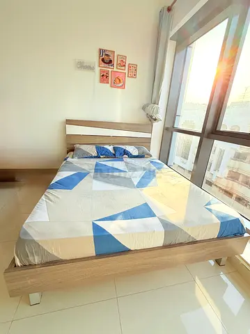 Modern queen size bed with mattress in great condition