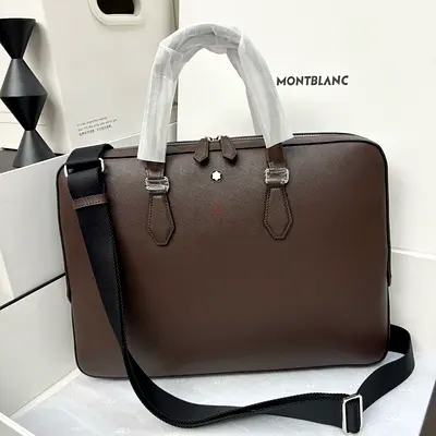 Mont Blanc Black Leather Briefcase with Shoulder Strap -