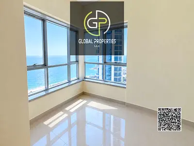 Huge 2BHK in Corniche Tower, Ajman! 2,300 sqft, full sea view, big balcony, 3 baths, closed kitchen. Vacant & move-in ready. High-end coastal living.
