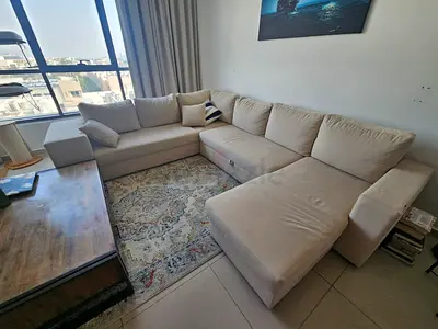 Custom Cream U-Shaped Sofa Bed with Storage & Pull-Out Bed/cat-friendly and stain resistant