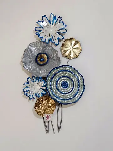 Metal Wall Art Floral Sculpture - Blue, Gold & Silver Decorative Piece