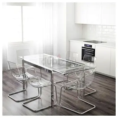 IKEA Glass Dining Table with 4 Transparent Acrylic Chairs - Modern Set