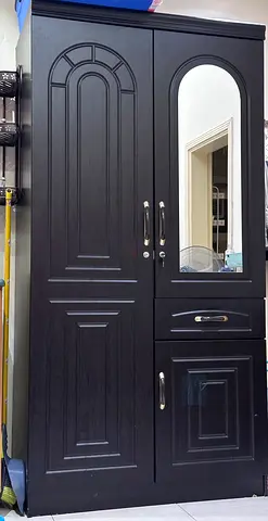 Dark Wooden Wardrobe with Mirror — 2-Door Storage Cabinet