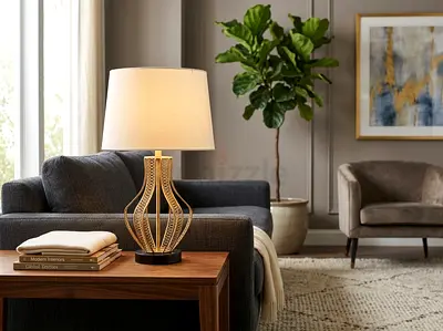 Decorative Table Lamp with Fabric Shade - Beige/Gold