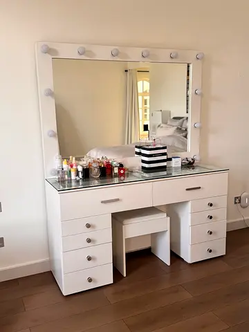 Large White Dressing Table / Vanity Set with Hollywood Mirror, Glass Top & Stool