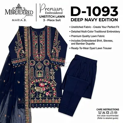 Maria B. Premium Embroidered Lawn 3-Piece Suit (D-1093 Deep Navy)