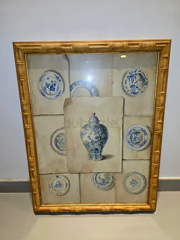 F. de Villeneuve Blue & White Porcelain Art – Gilt Bamboo Frame.
